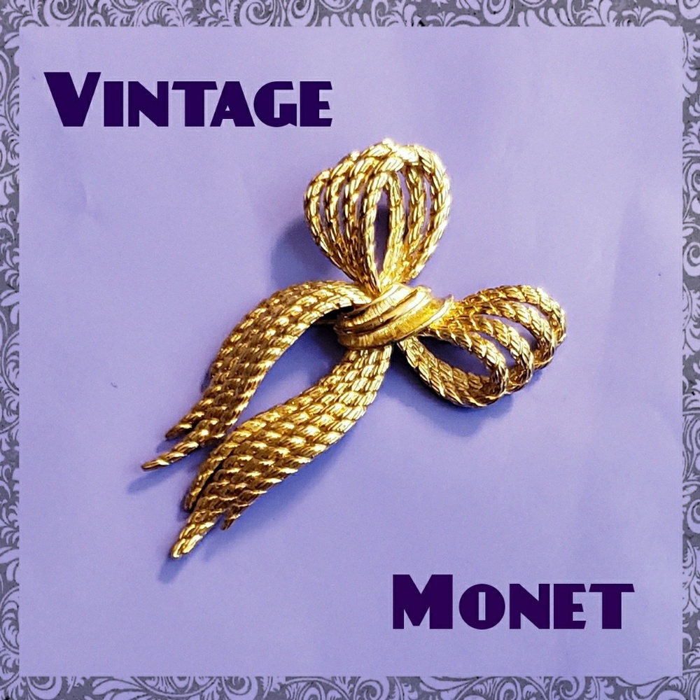 Vintage Monet Textured Rope Design Bow Brooch